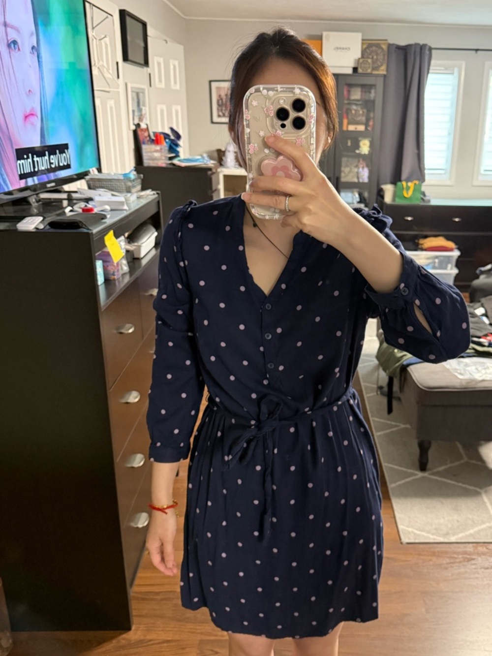 Polka Dot Long Sleeve Tie-Waist Dress - Navy with Pink Dots